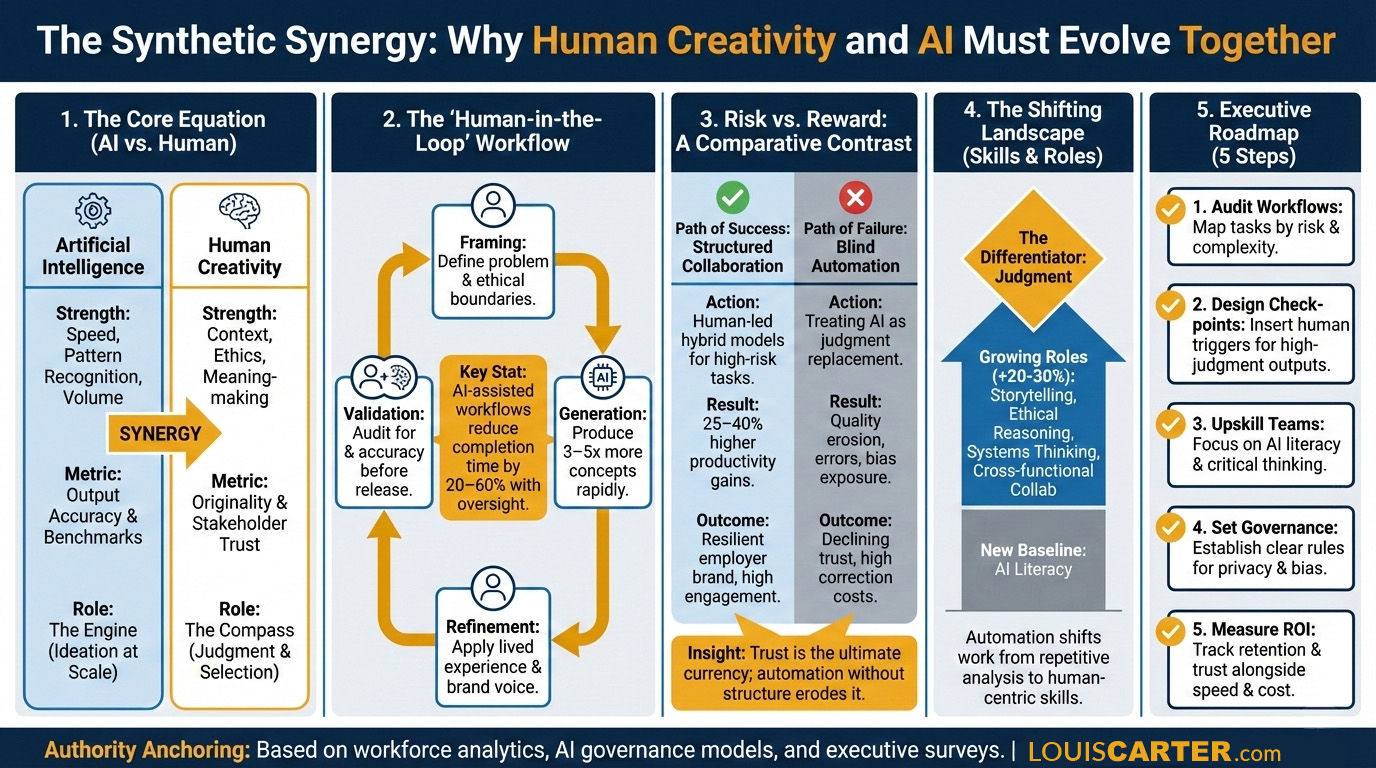 Infogrpahic showing AI Future of Work: Why AI and Human Creativity Must Evolve Together stats